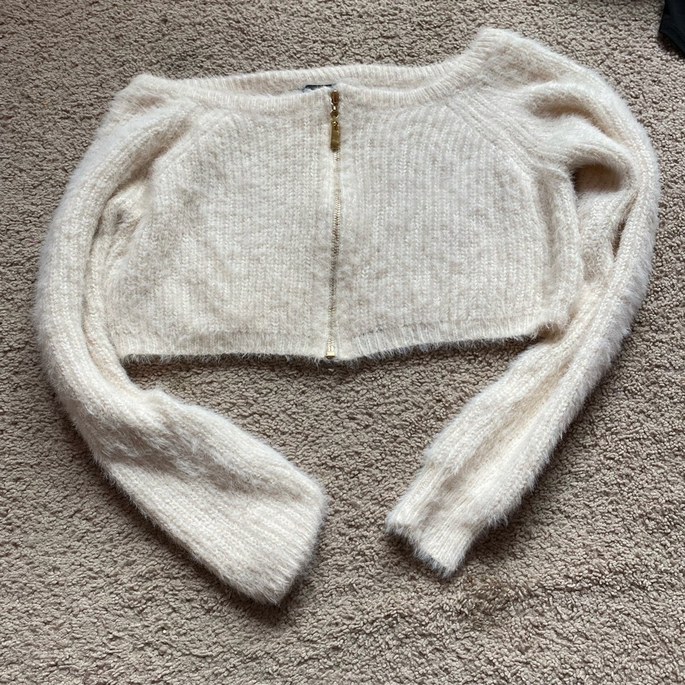 Cream Eyelash Knit Zip Through Crop Top